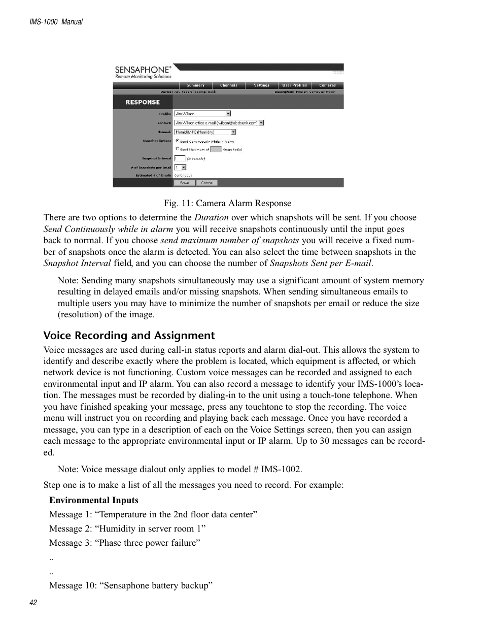 Voice recording and assignment | Sensaphone IMS-1000 Users manual User Manual | Page 42 / 114