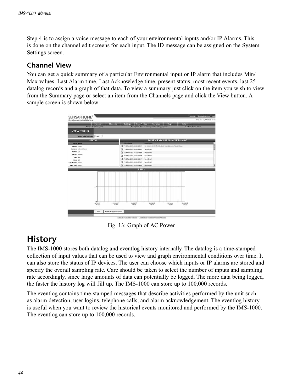 Channel view, History | Sensaphone IMS-1000 Users manual User Manual | Page 44 / 114