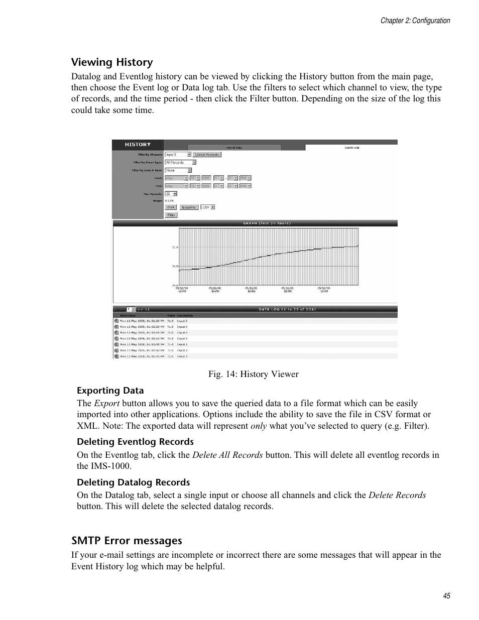 Viewing history, Exporting data, Deleting eventlog records | Deleting datalog records, Smtp error messages | Sensaphone IMS-1000 Users manual User Manual | Page 45 / 114