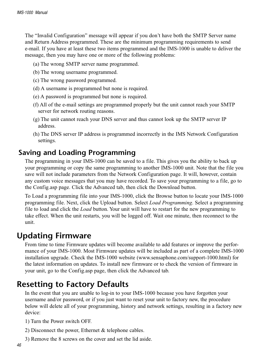 Saving and loading programming, Updating firmware, Resetting to factory defaults | Sensaphone IMS-1000 Users manual User Manual | Page 46 / 114