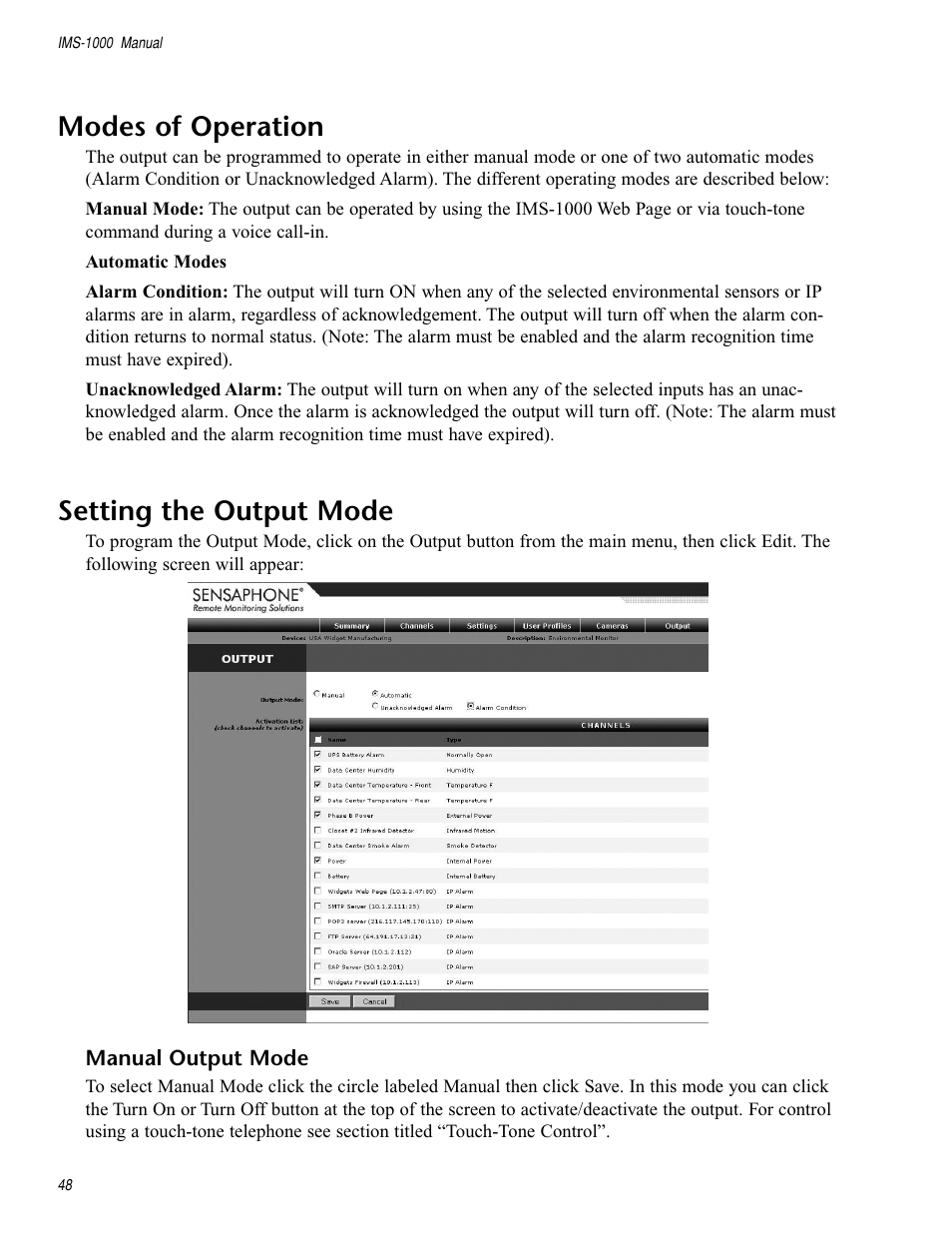 Modes of operation, Setting the output mode, Manual output mode | Modes of operation setting the output mode | Sensaphone IMS-1000 Users manual User Manual | Page 48 / 114