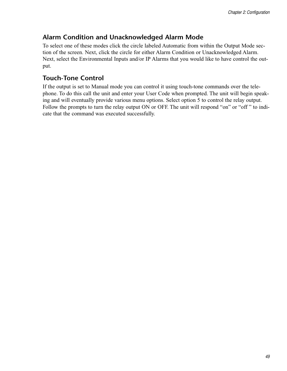 Alarm condition and unacknowledged alarm mode, Touch-tone control | Sensaphone IMS-1000 Users manual User Manual | Page 49 / 114