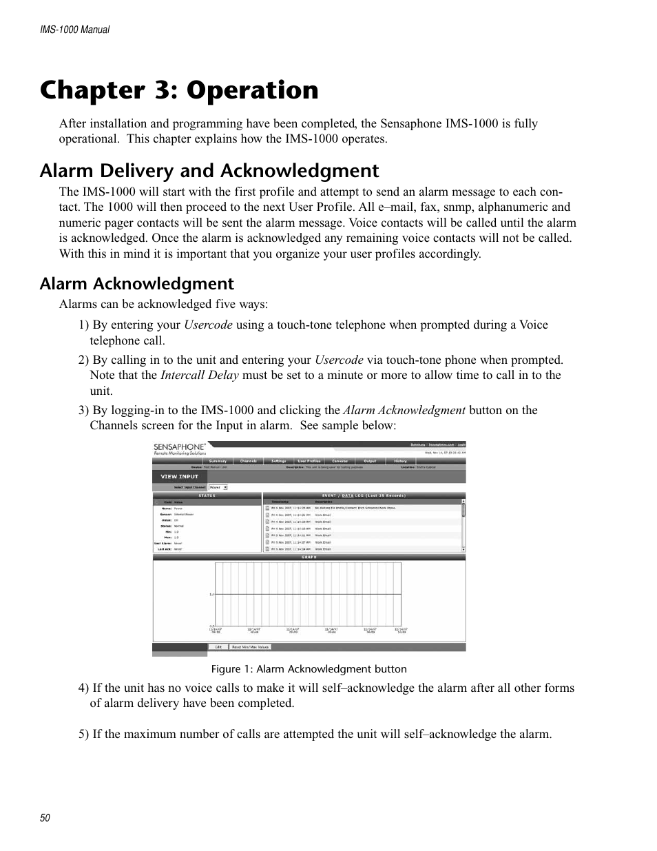 Chapter 3: operation, Alarm delivery and acknowledgment, Alarm acknowledgment | Sensaphone IMS-1000 Users manual User Manual | Page 50 / 114