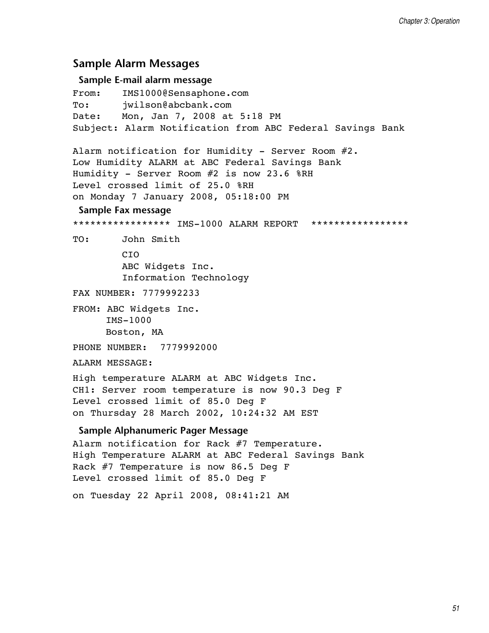 Sample alarm messages, Sample e-mail alarm message, Sample fax message | Sensaphone IMS-1000 Users manual User Manual | Page 51 / 114