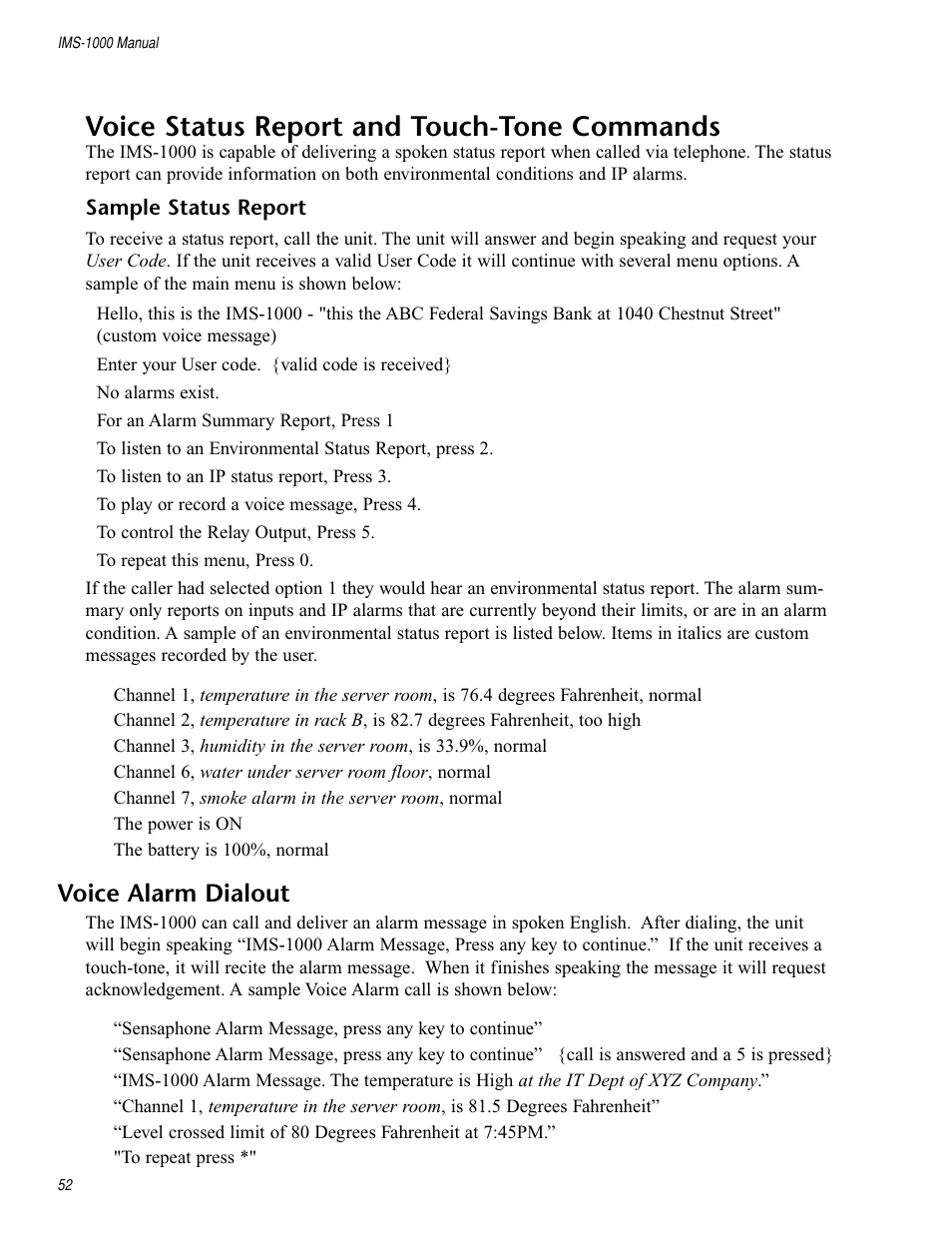 Voice alarm dialout, Voice status report and touch-tone commands | Sensaphone IMS-1000 Users manual User Manual | Page 52 / 114