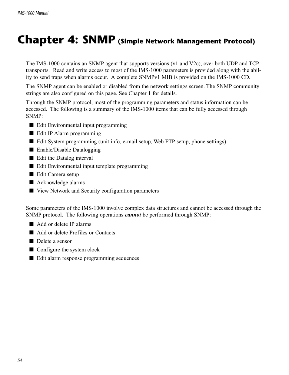 Chapter 4: snmp, Simple network management protocol) 54 | Sensaphone IMS-1000 Users manual User Manual | Page 54 / 114