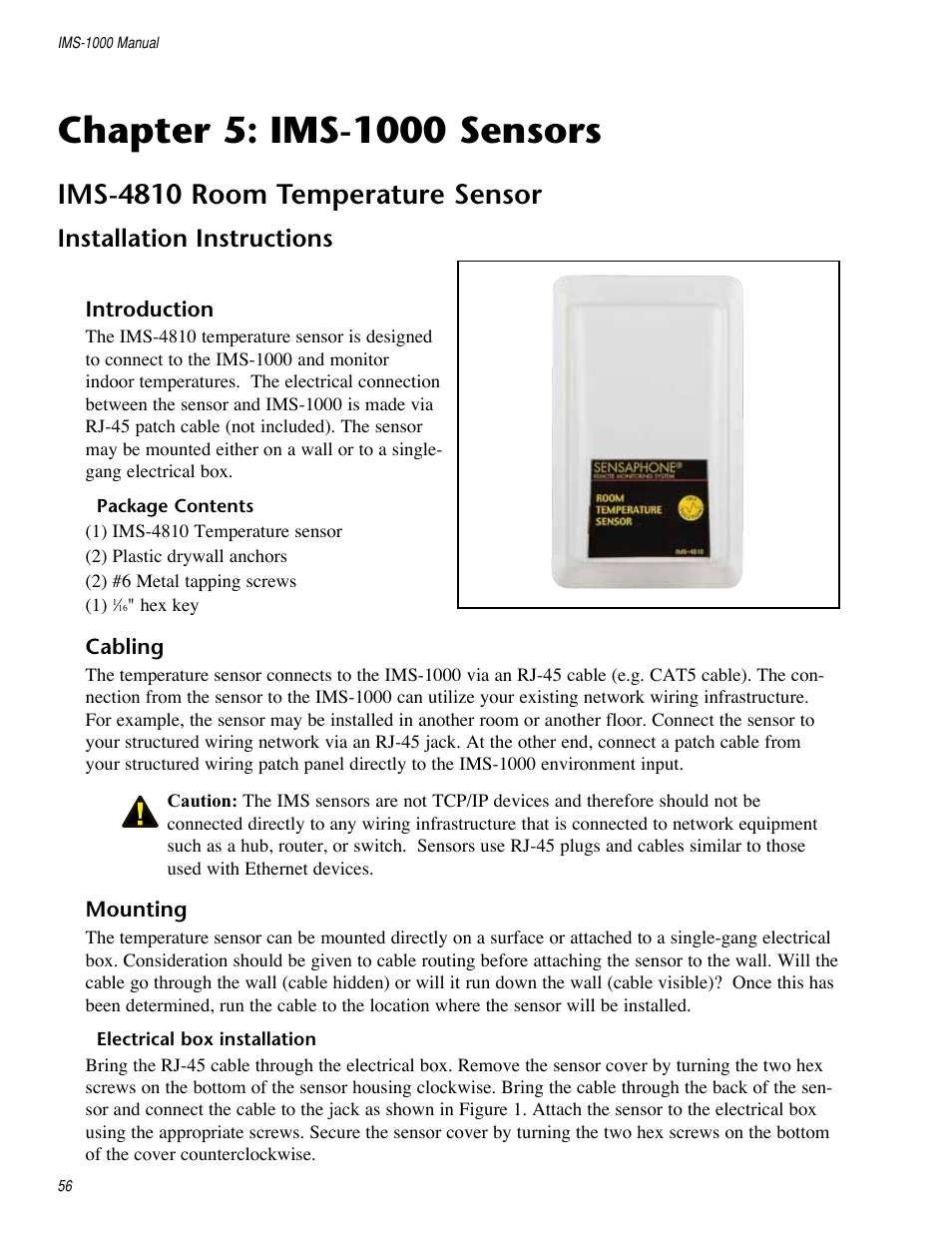 Chapter 5: ims-1000 sensors, Ims-4810 room temperature sensor, Chapter 7: ims-4000 sensors | Installation instructions | Sensaphone IMS-1000 Users manual User Manual | Page 56 / 114