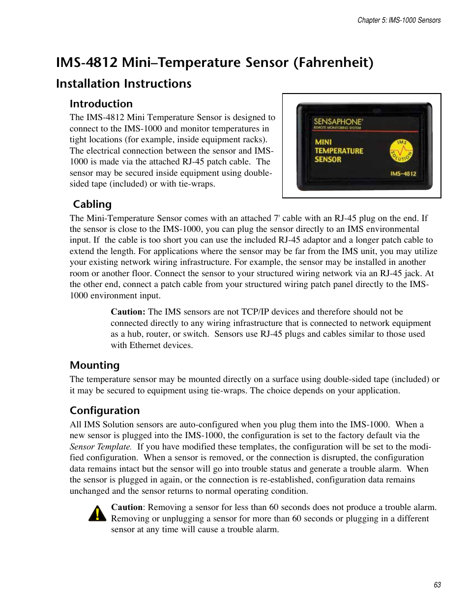 Ims-4812 mini–temperature sensor (fahrenheit), Installation instructions | Sensaphone IMS-1000 Users manual User Manual | Page 63 / 114