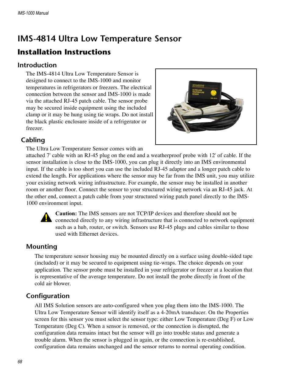 Ims-4814 ultra low temperature sensor, Installation instructions | Sensaphone IMS-1000 Users manual User Manual | Page 68 / 114