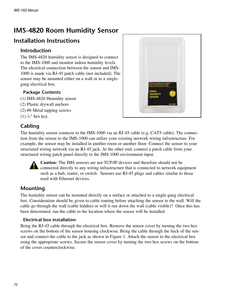 Ims-4820 room humidity sensor, Installation instructions | Sensaphone IMS-1000 Users manual User Manual | Page 70 / 114