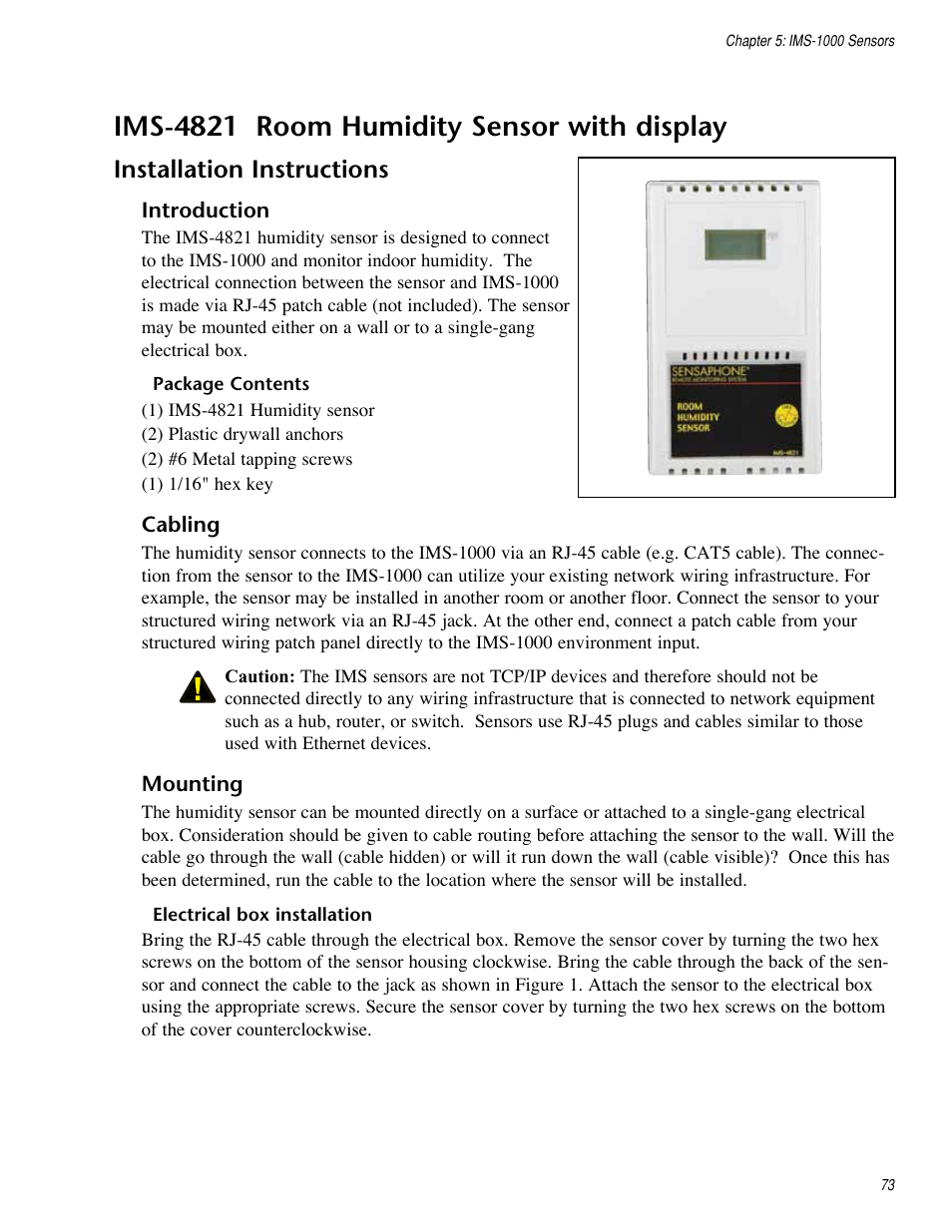 Ims-4821 room humidity sensor with display, Installation instructions | Sensaphone IMS-1000 Users manual User Manual | Page 73 / 114