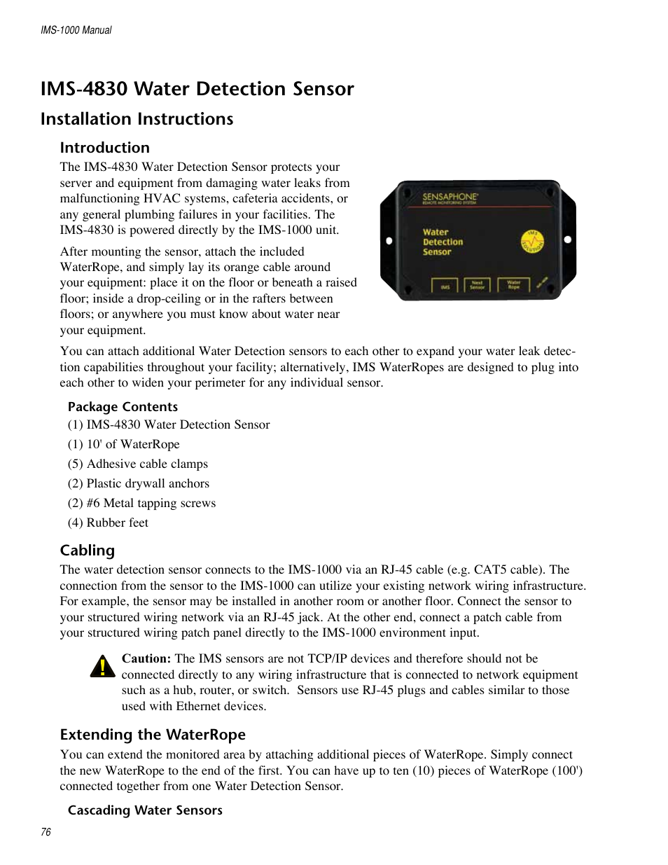 Ims-4830 water detection sensor, Installation instructions | Sensaphone IMS-1000 Users manual User Manual | Page 76 / 114