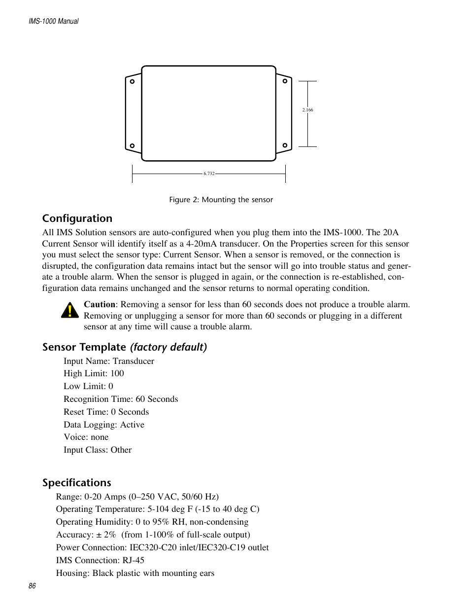 Configuration, Sensor template (factory default), Specifications | Sensaphone IMS-1000 Users manual User Manual | Page 86 / 114