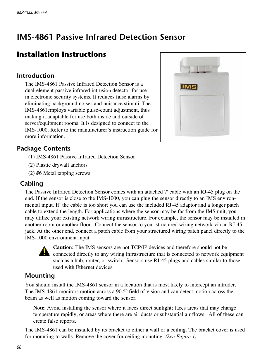 Ims-4861 passive infrared detection sensor, Installation instructions | Sensaphone IMS-1000 Users manual User Manual | Page 96 / 114