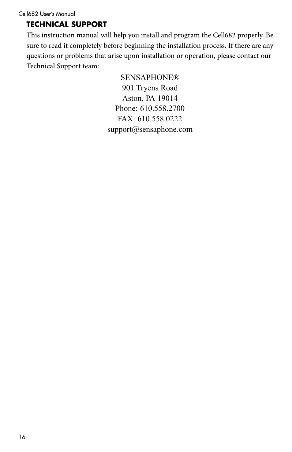Technical support | Sensaphone CELL682 User Manual | Page 18 / 88