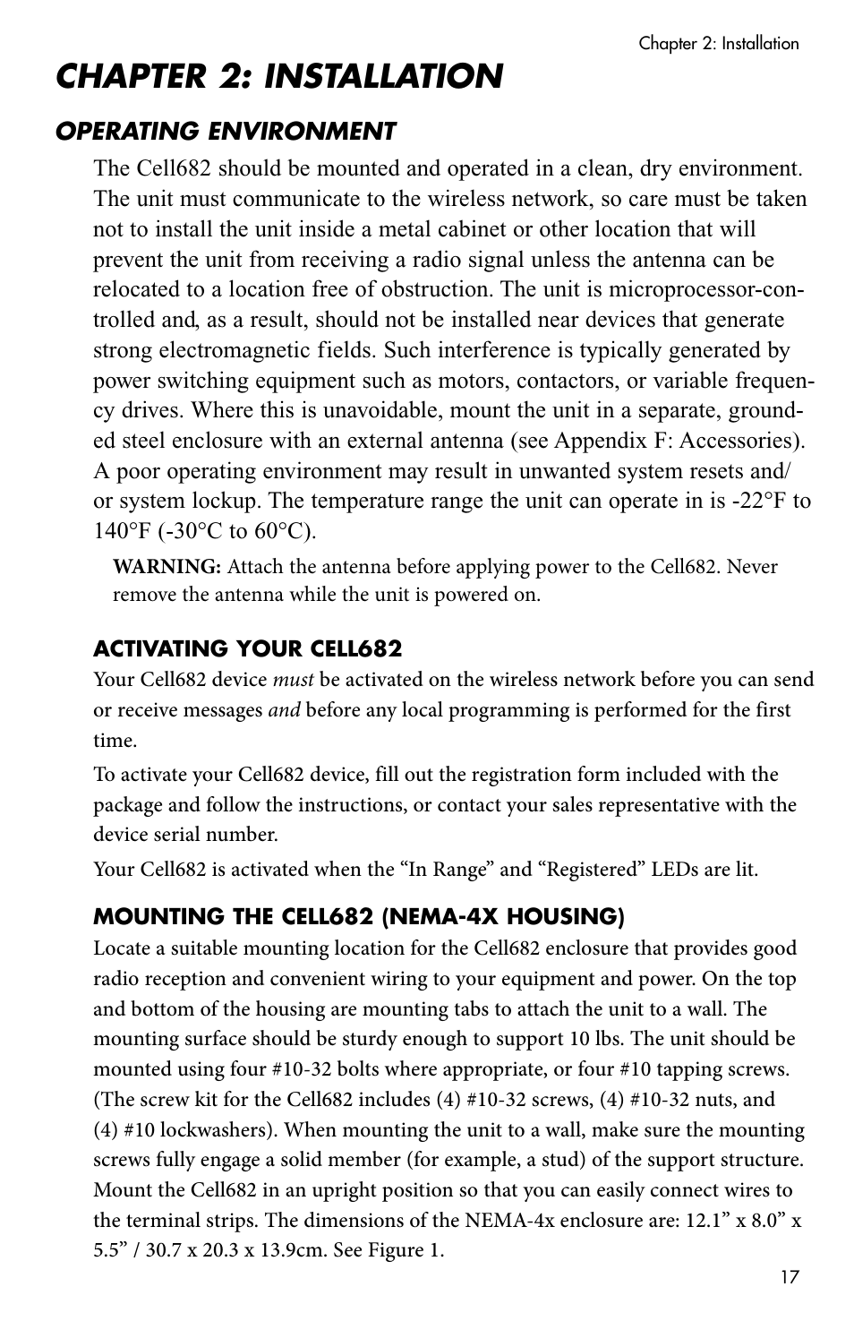 Chapter 2: installation, Operating environment, Activating your cell682 | Mounting the cell682 (nema-4x housing) | Sensaphone CELL682 User Manual | Page 19 / 88