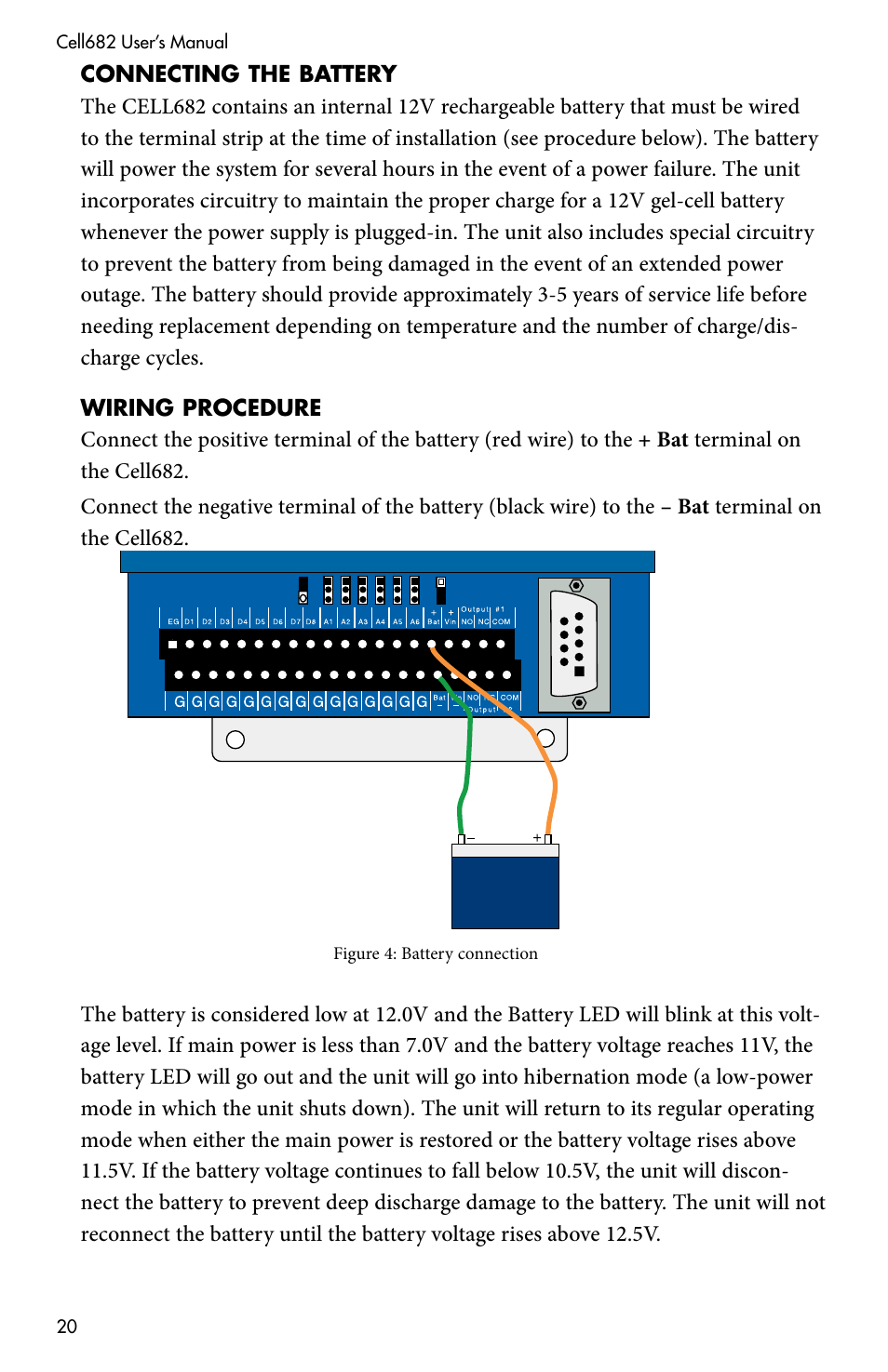 Connecting the battery, Wiring procedure, Connecting the battery wiring procedure | Sensaphone CELL682 User Manual | Page 22 / 88