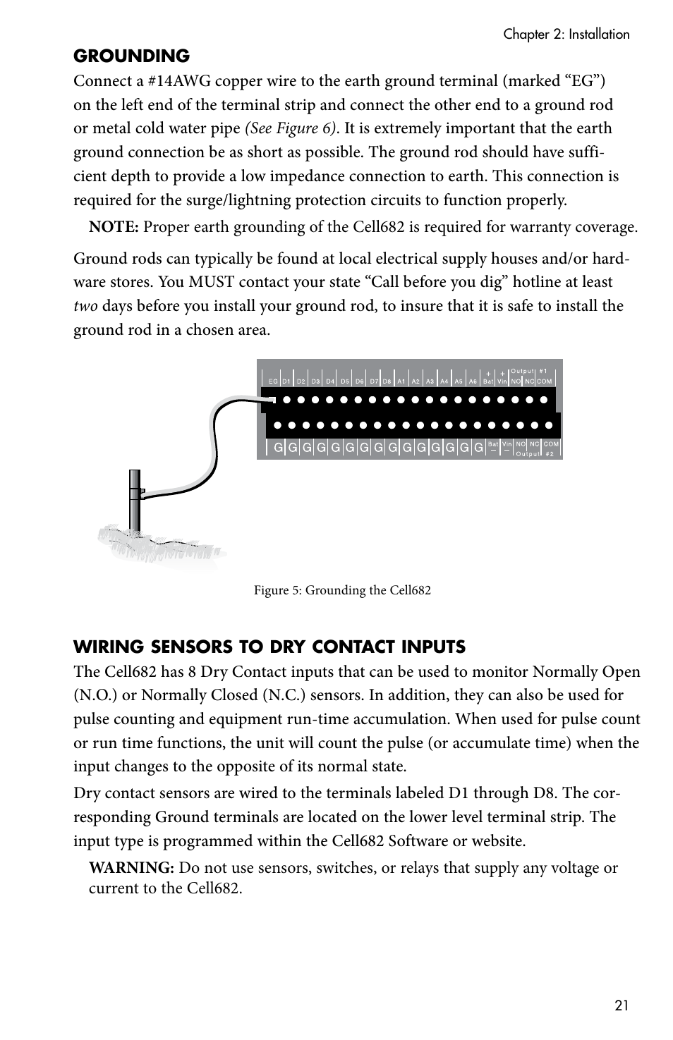 Grounding, Wiring sensors to dry contact inputs, Grounding wiring sensors to dry contact inputs | Sensaphone CELL682 User Manual | Page 23 / 88