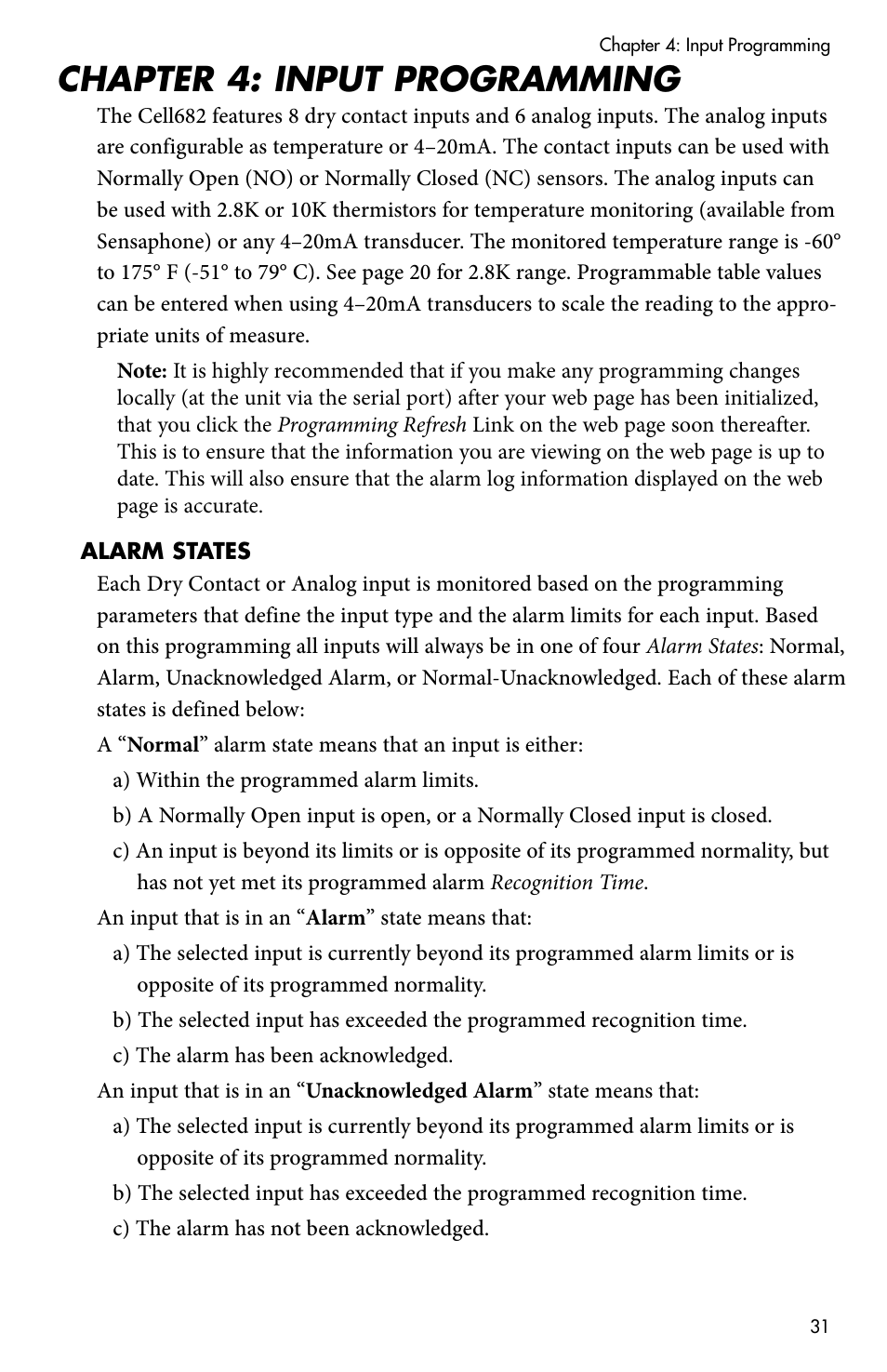 Chapter 4: input programming, Alarm states | Sensaphone CELL682 User Manual | Page 33 / 88