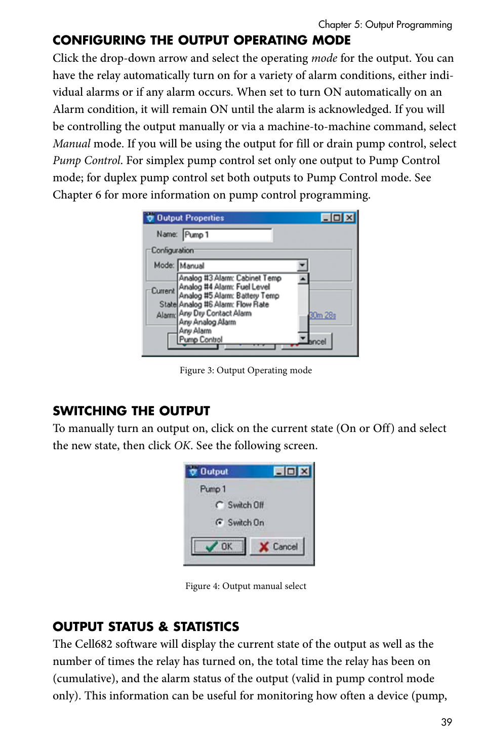 Configuring the output operating mode, Switching the output, Output status & statistics | Sensaphone CELL682 User Manual | Page 41 / 88