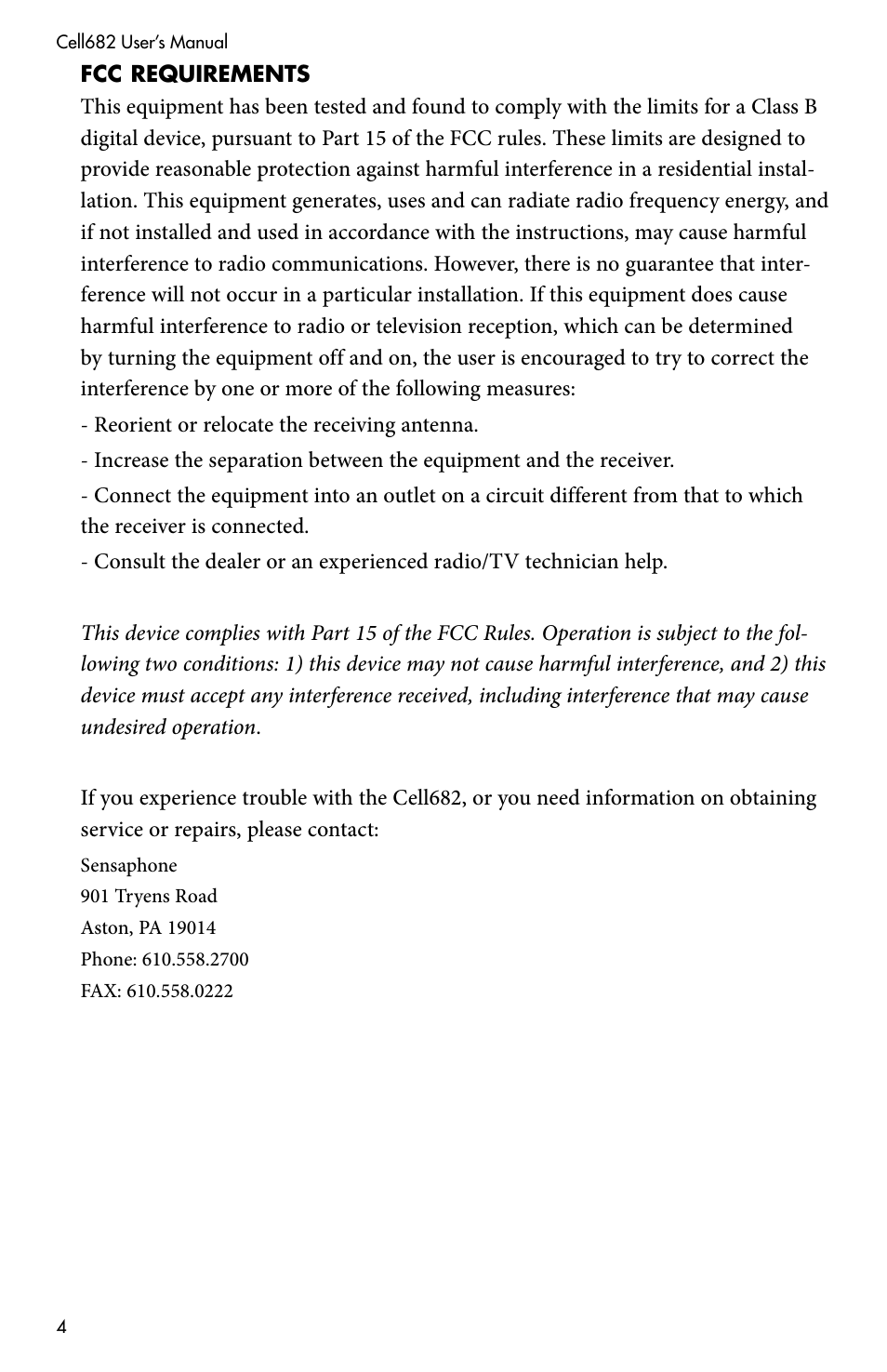 Fcc requirements | Sensaphone CELL682 User Manual | Page 6 / 88