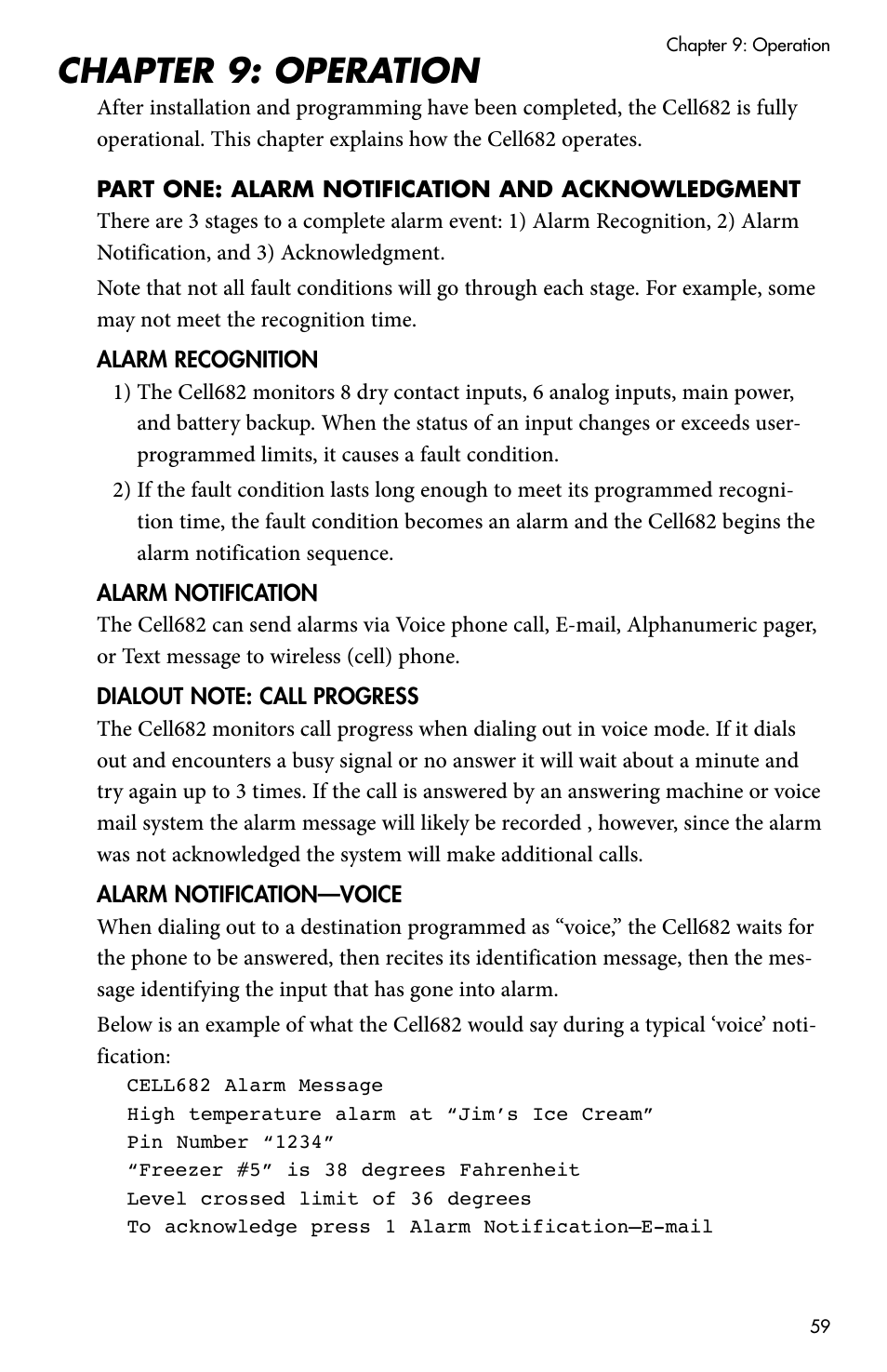 Chapter 9: operation, Part one: alarm notification and acknowledgment | Sensaphone CELL682 User Manual | Page 61 / 88