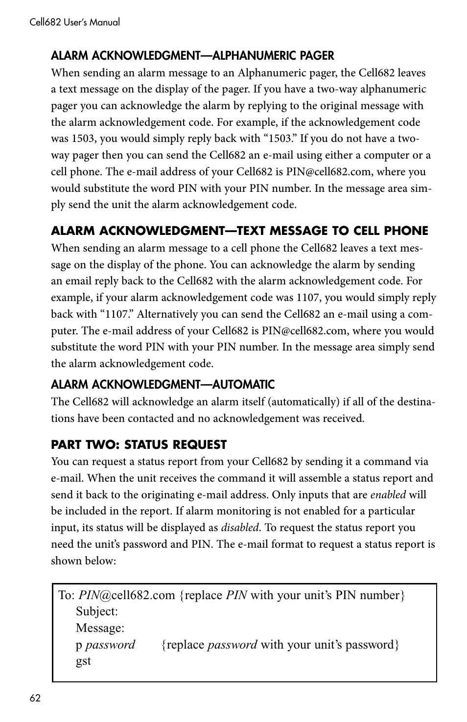 Alarm acknowledgment—text message to cell phone, Part two: status request | Sensaphone CELL682 User Manual | Page 64 / 88