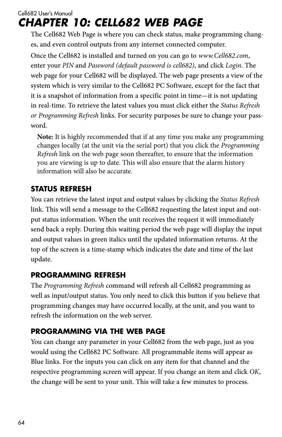 Status refresh, Programming refresh | Sensaphone CELL682 User Manual | Page 66 / 88