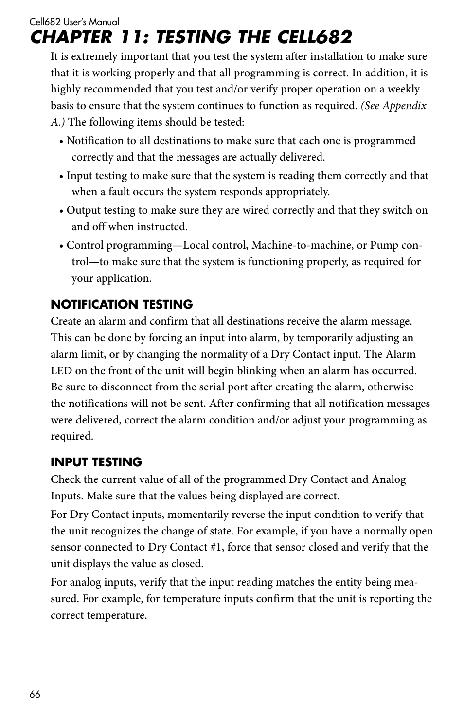 Chapter 11: testing the cell682, Notification testing, Input testing | Notification testing input testing | Sensaphone CELL682 User Manual | Page 68 / 88