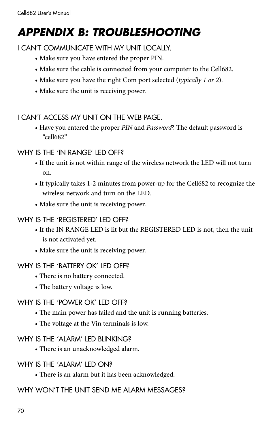 Appendix b: troubleshooting | Sensaphone CELL682 User Manual | Page 72 / 88