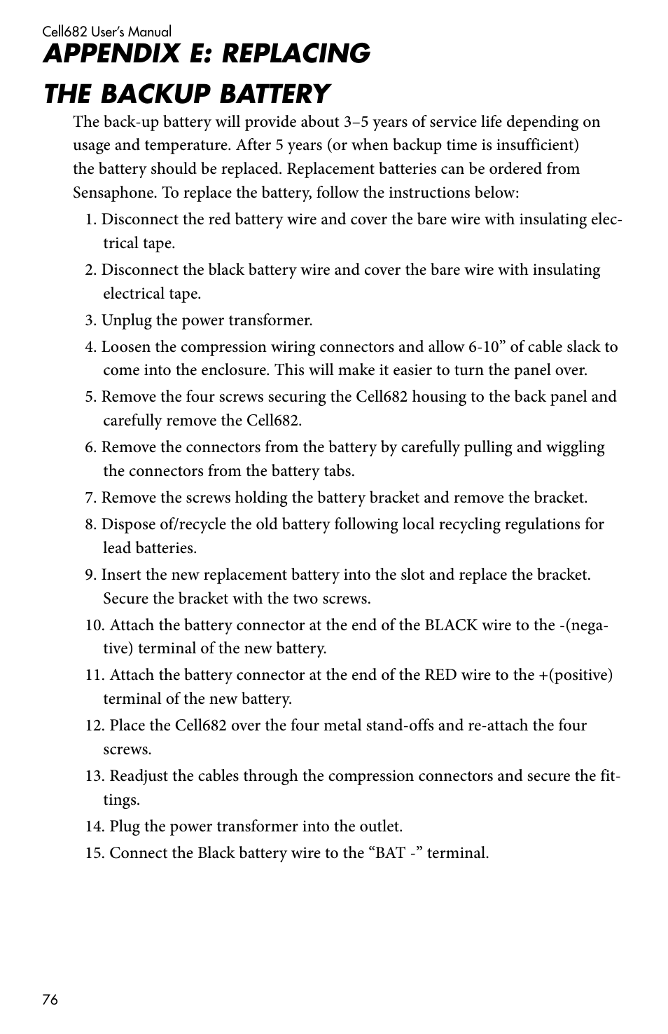 Appendix e: replacing the backup battery | Sensaphone CELL682 User Manual | Page 78 / 88