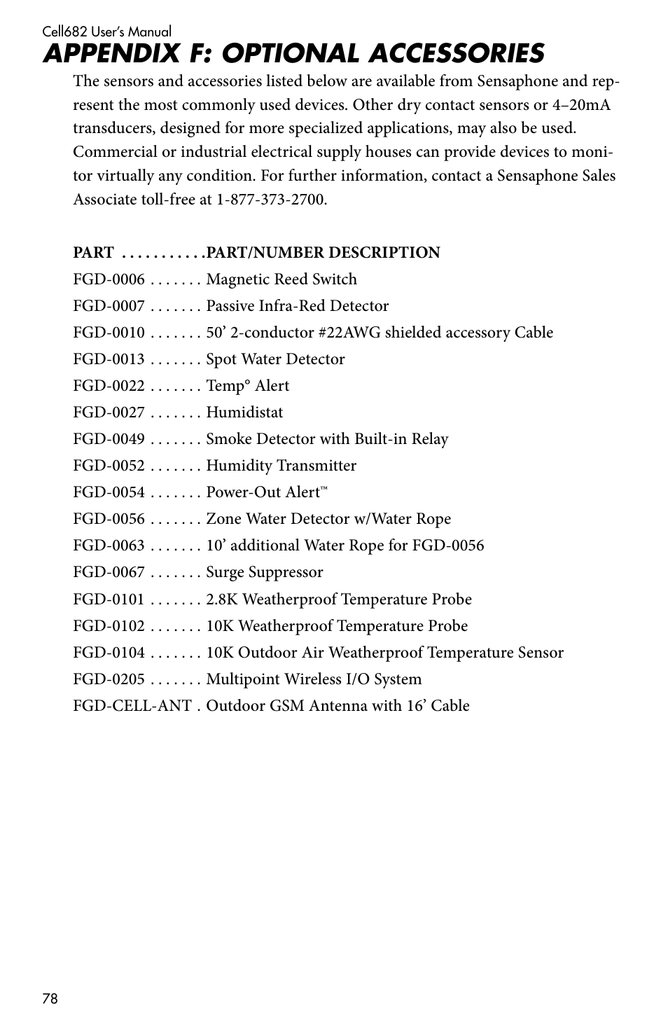 Appendix f: optional accessories | Sensaphone CELL682 User Manual | Page 80 / 88