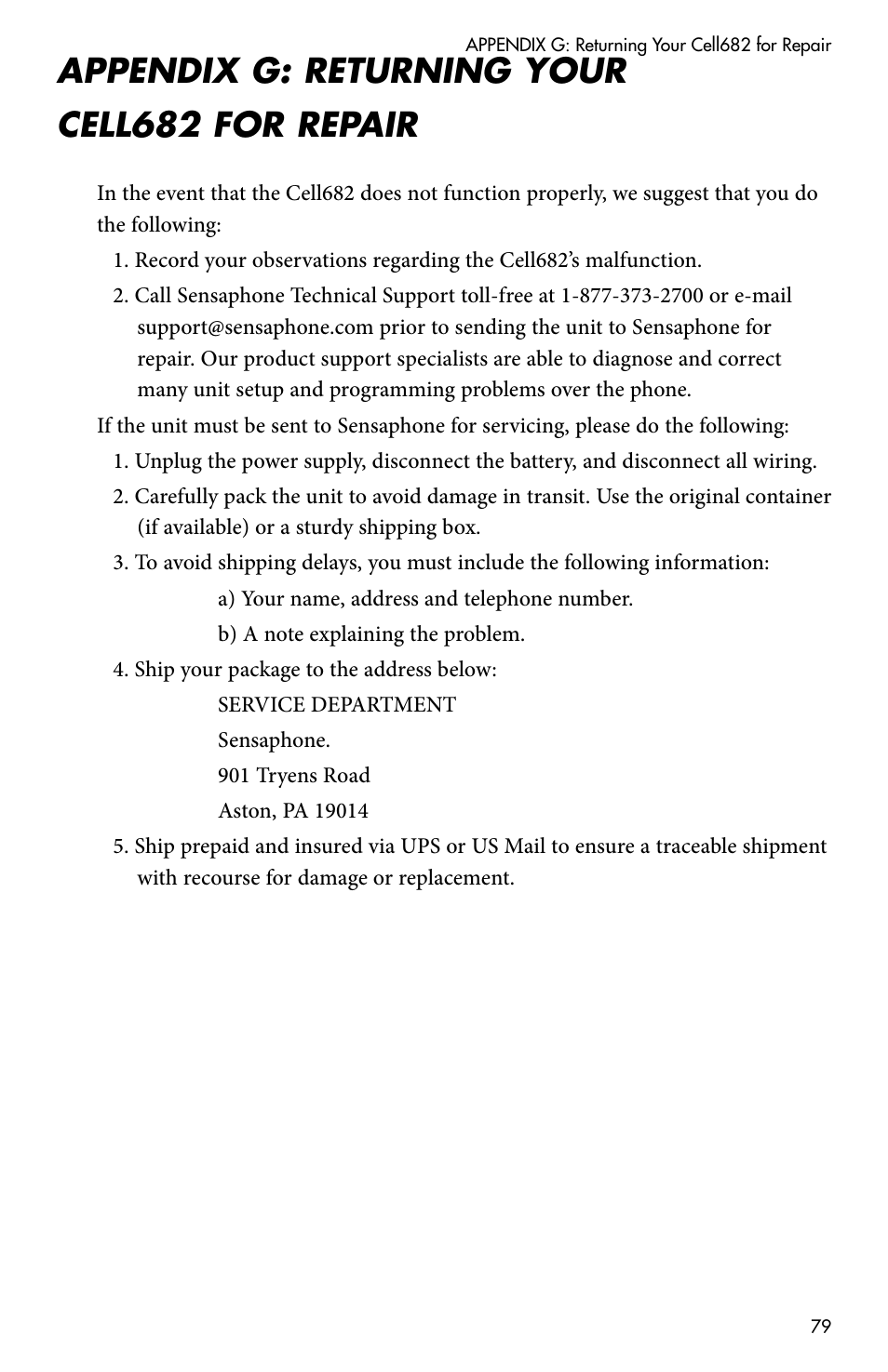 Appendix g: returning your cell682 for repair | Sensaphone CELL682 User Manual | Page 81 / 88