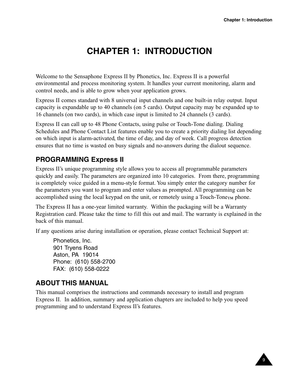 Chapter 1: introduction, Programming express ii, About this manual | Programming express ii about this manual | Sensaphone Express II User Manual | Page 11 / 94