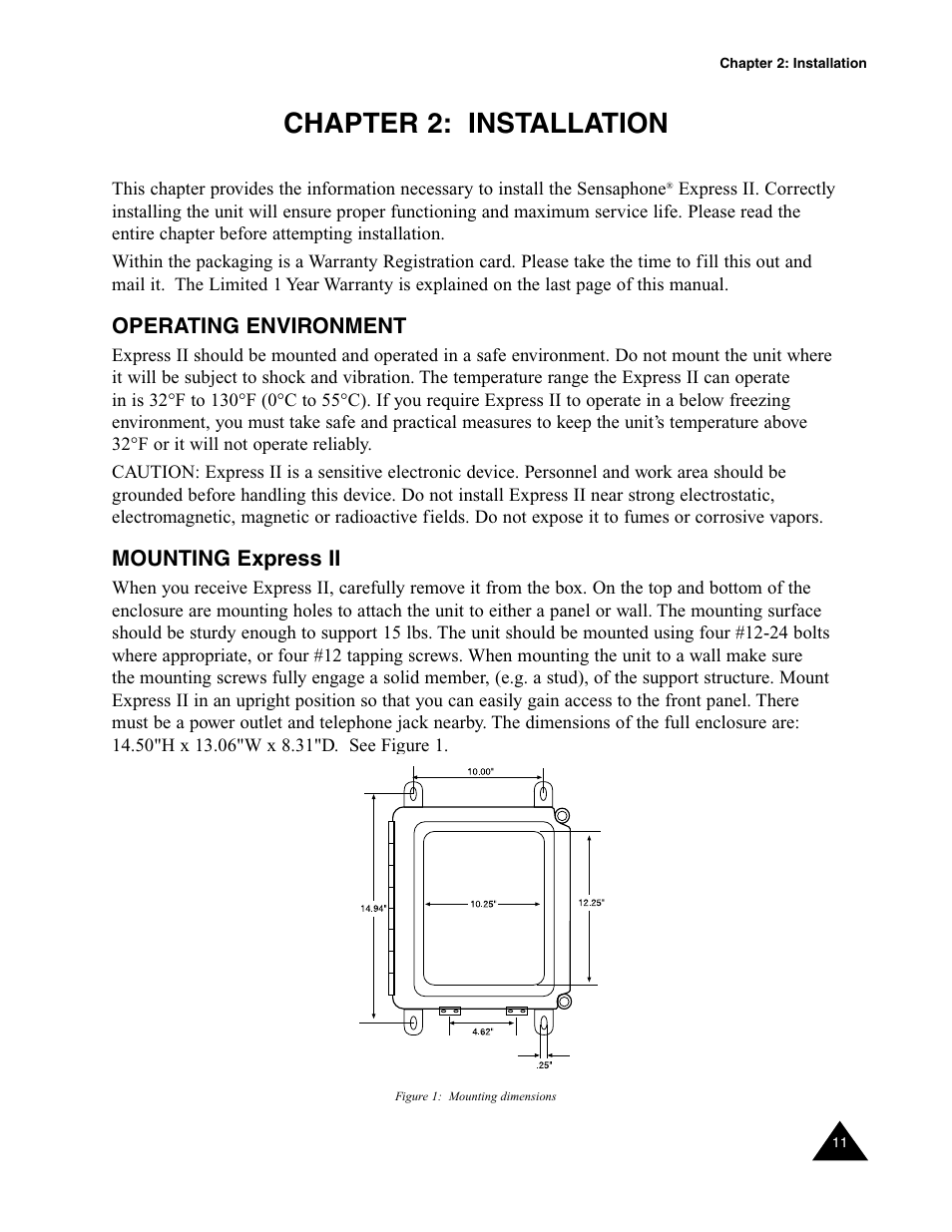 Chapter 2: installation, Operating environment, Mounting express ii | Operating environment mounting express ii | Sensaphone Express II User Manual | Page 13 / 94
