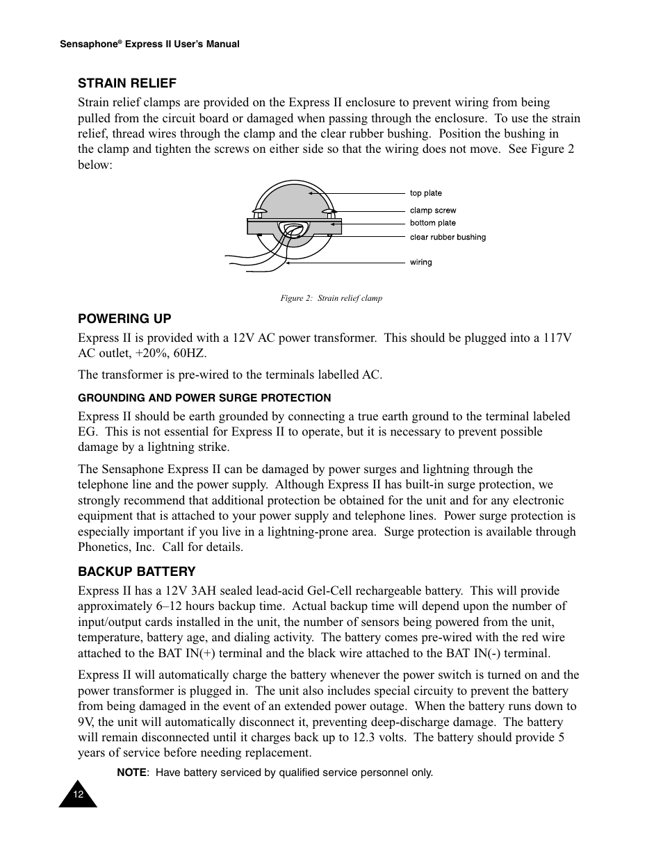 Strain relief, Powering up, Grounding and power surge protection | Backup battery, Strain relief powering up | Sensaphone Express II User Manual | Page 14 / 94