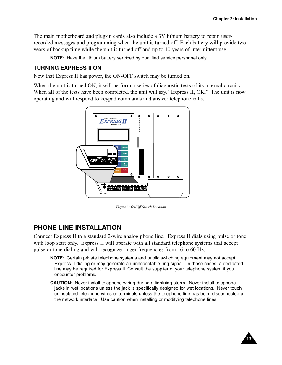 Turning express ii on, Phone line installation | Sensaphone Express II User Manual | Page 15 / 94