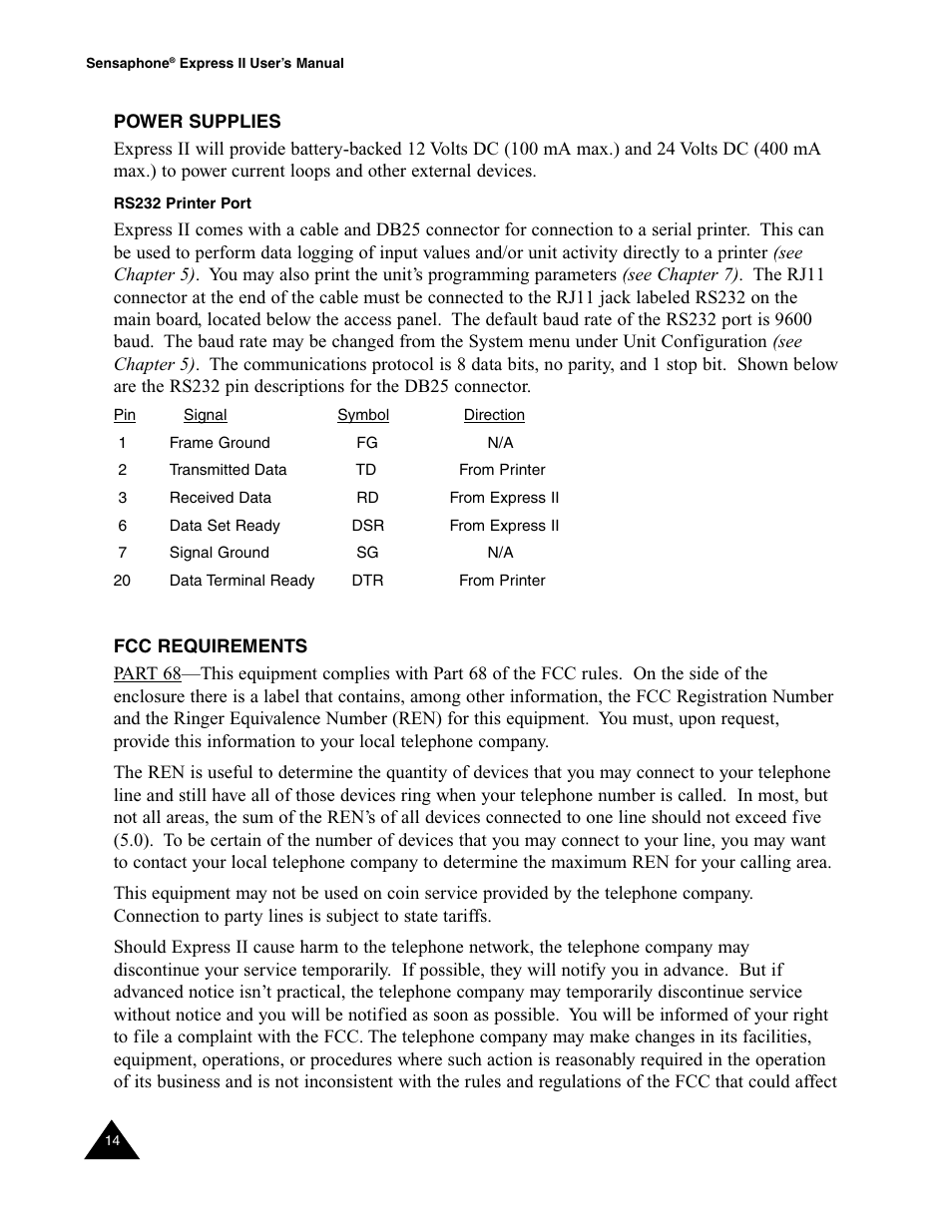 Power supplies, Rs232 printer port, Fcc requirements | Sensaphone Express II User Manual | Page 16 / 94