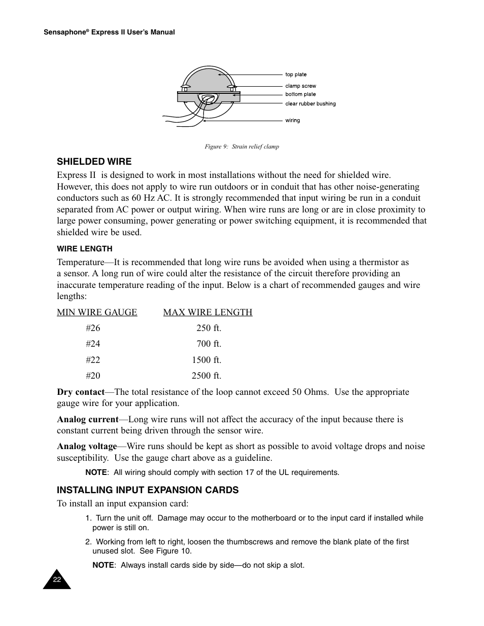 Shielded wire, Wire length, Installing input expansion cards | Sensaphone Express II User Manual | Page 24 / 94