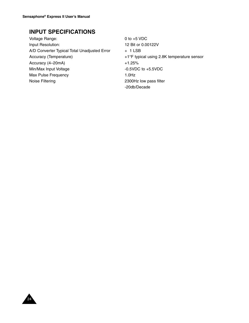 Input specifications | Sensaphone Express II User Manual | Page 26 / 94