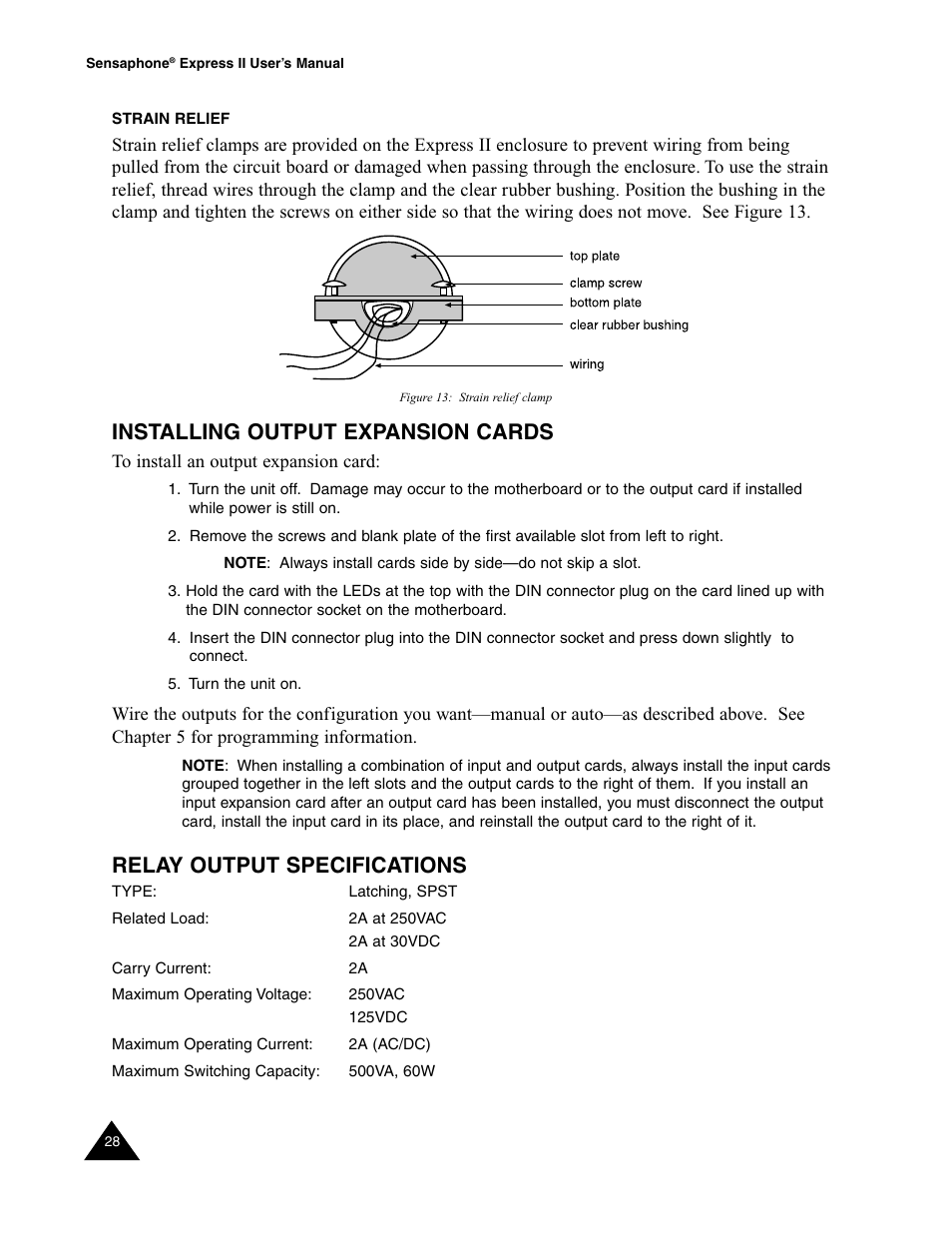 Strain relief, Installing output expansion cards, Relay output specifications | Sensaphone Express II User Manual | Page 30 / 94