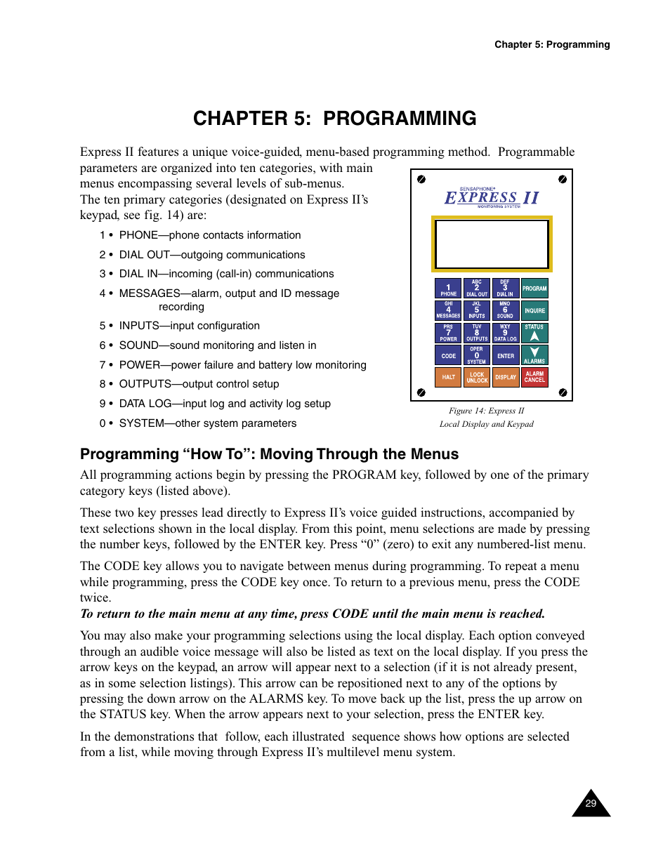 Chapter 5: programming, Programming “how to”: moving through the menus | Sensaphone Express II User Manual | Page 31 / 94