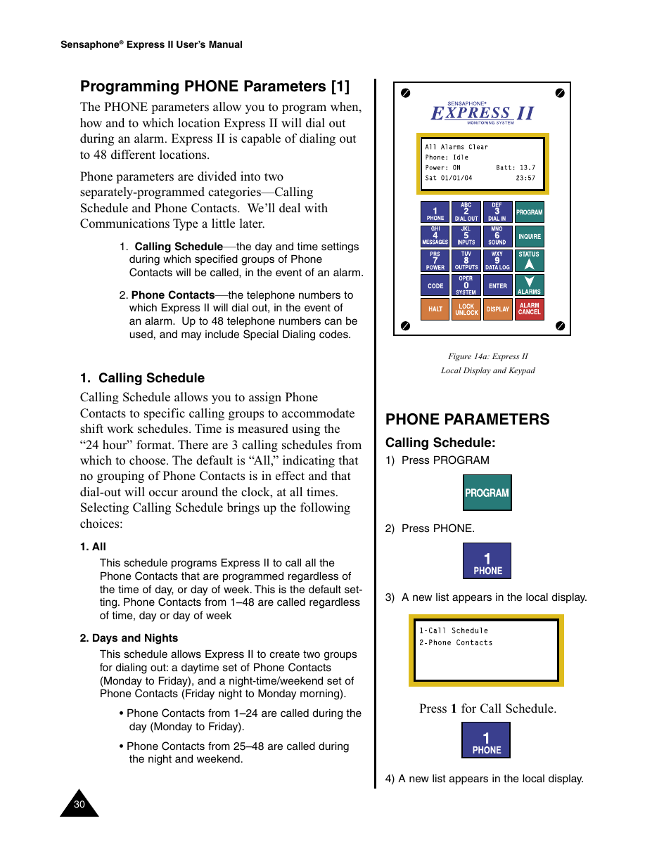 Programming phone parameters [1, Calling schedule, Days and nights | Programming phone parameters, Phone parameters | Sensaphone Express II User Manual | Page 32 / 94