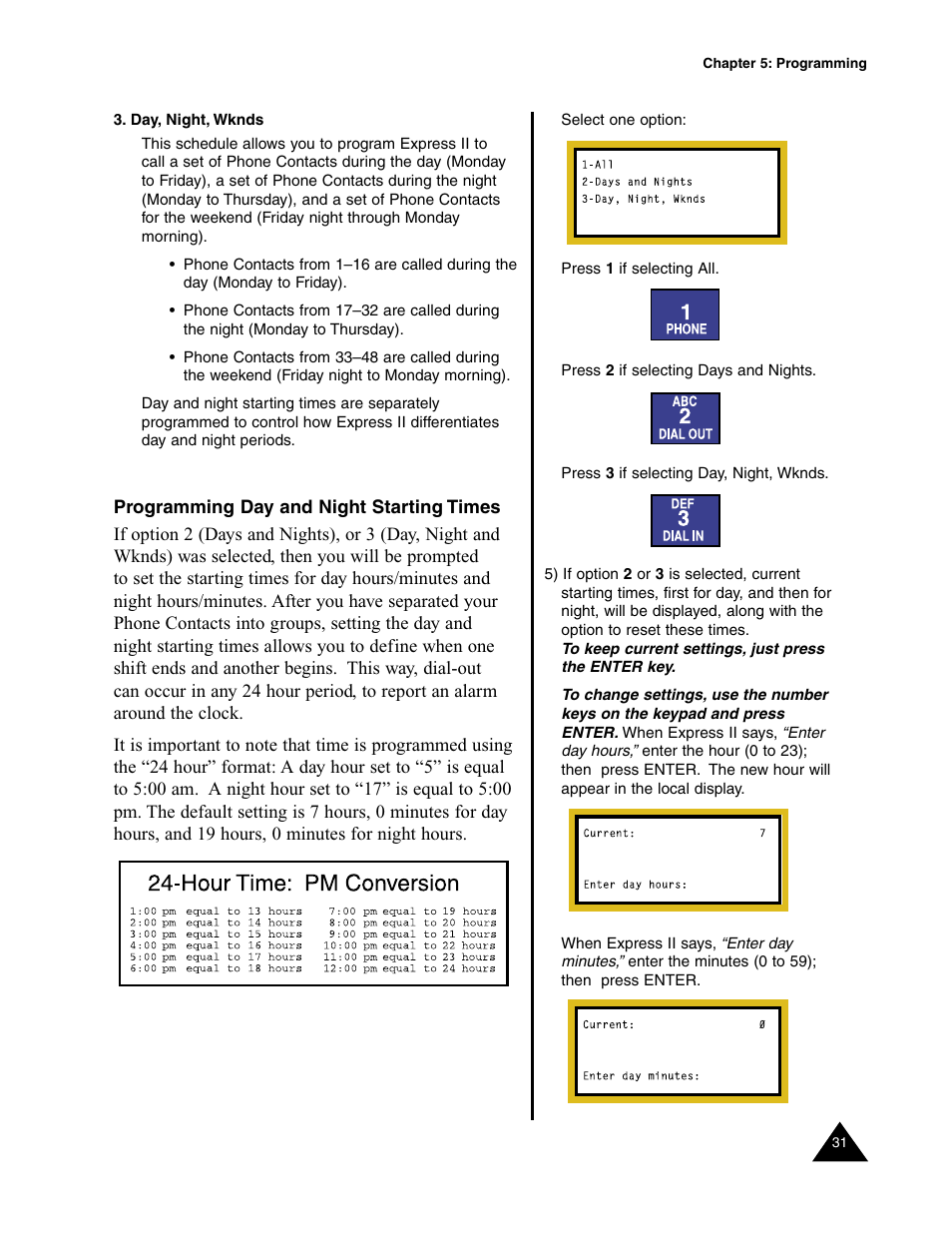 Day, night, wknds, Programming day and night starting times | Sensaphone Express II User Manual | Page 33 / 94