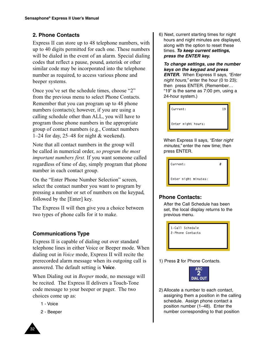 Phone contacts, Communications type, Phone contacts communications type | Sensaphone Express II User Manual | Page 34 / 94