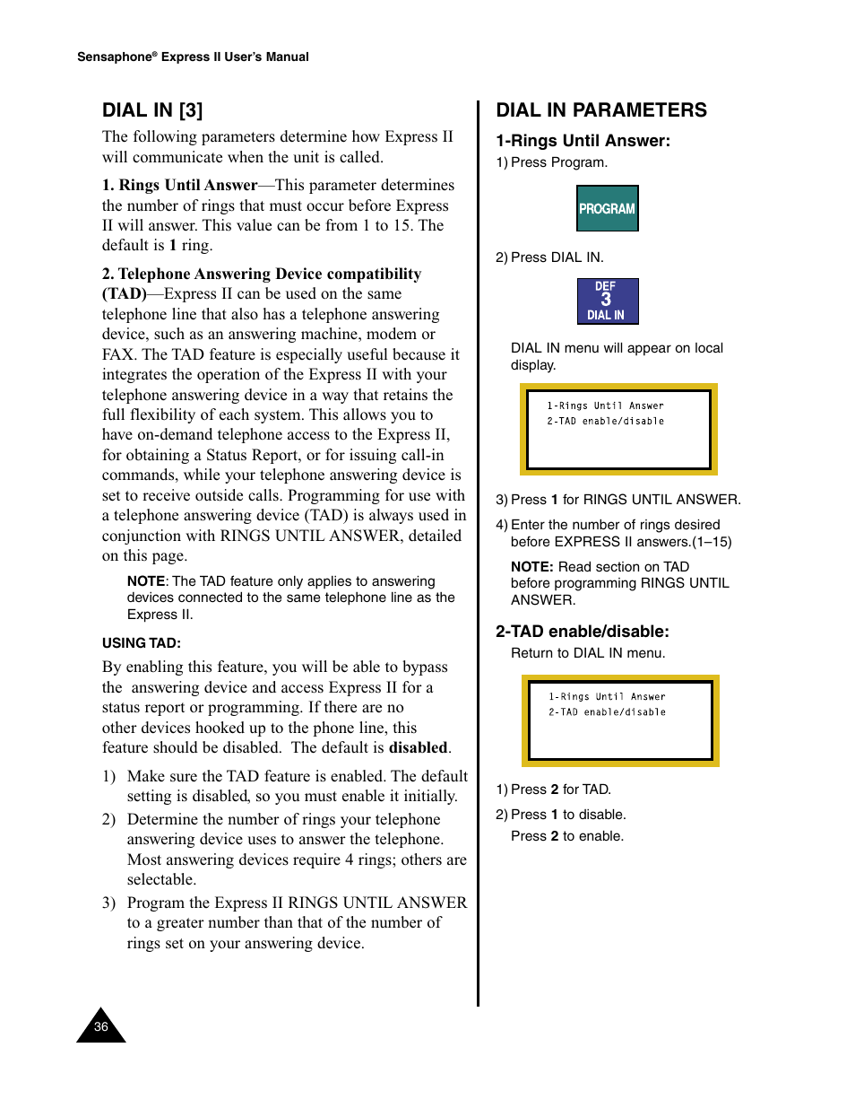 Dial in [3, Using tad, Dial in | Dial in parameters | Sensaphone Express II User Manual | Page 38 / 94