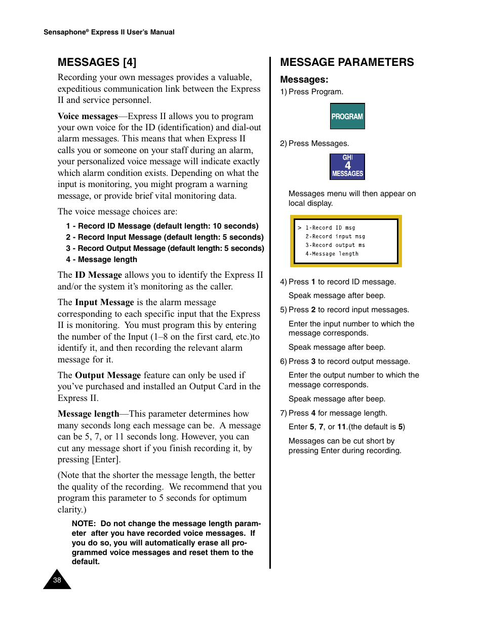 Messages [4, Messages, Message parameters | Sensaphone Express II User Manual | Page 40 / 94