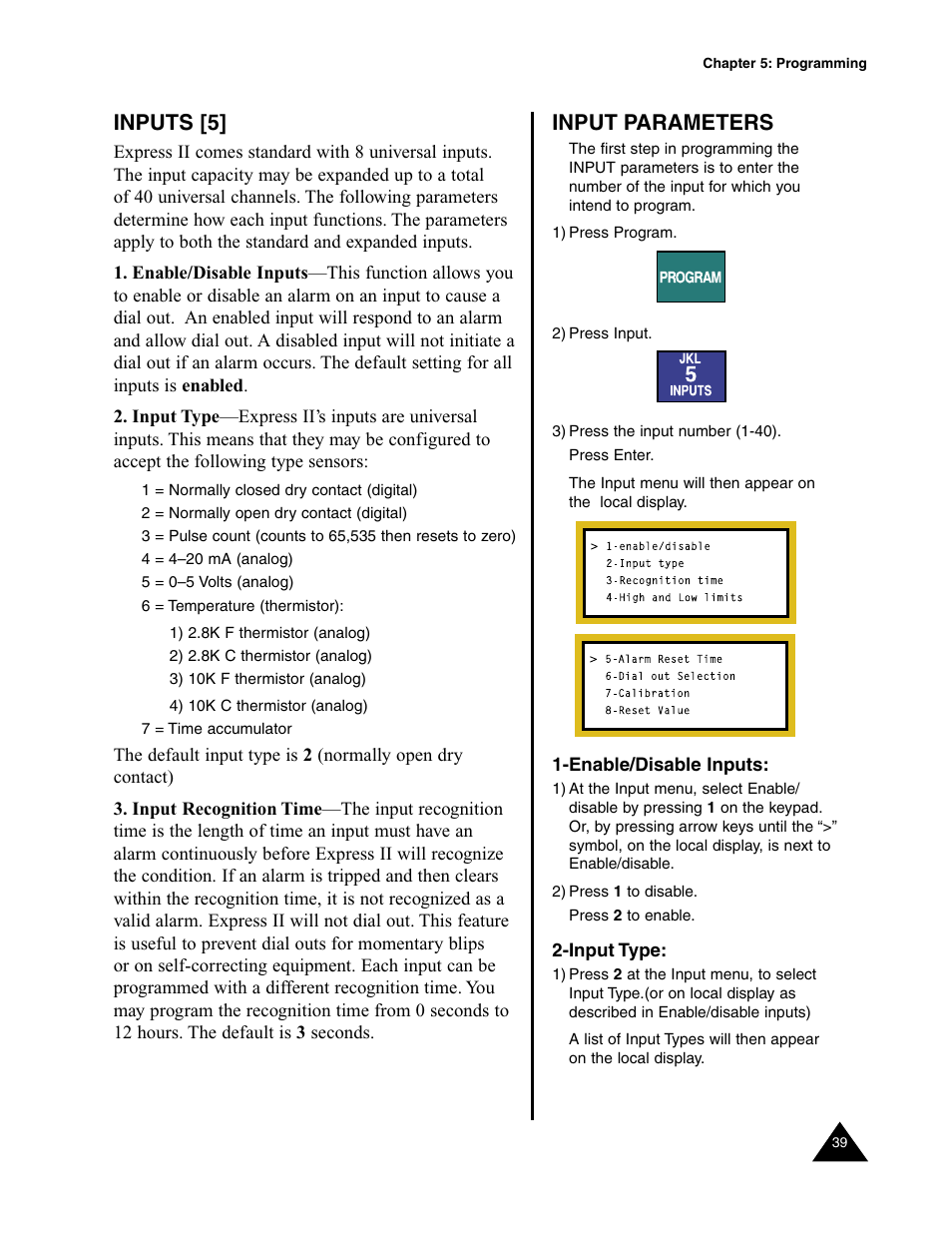 Inputs [5, Inputs, Input parameters | Sensaphone Express II User Manual | Page 41 / 94