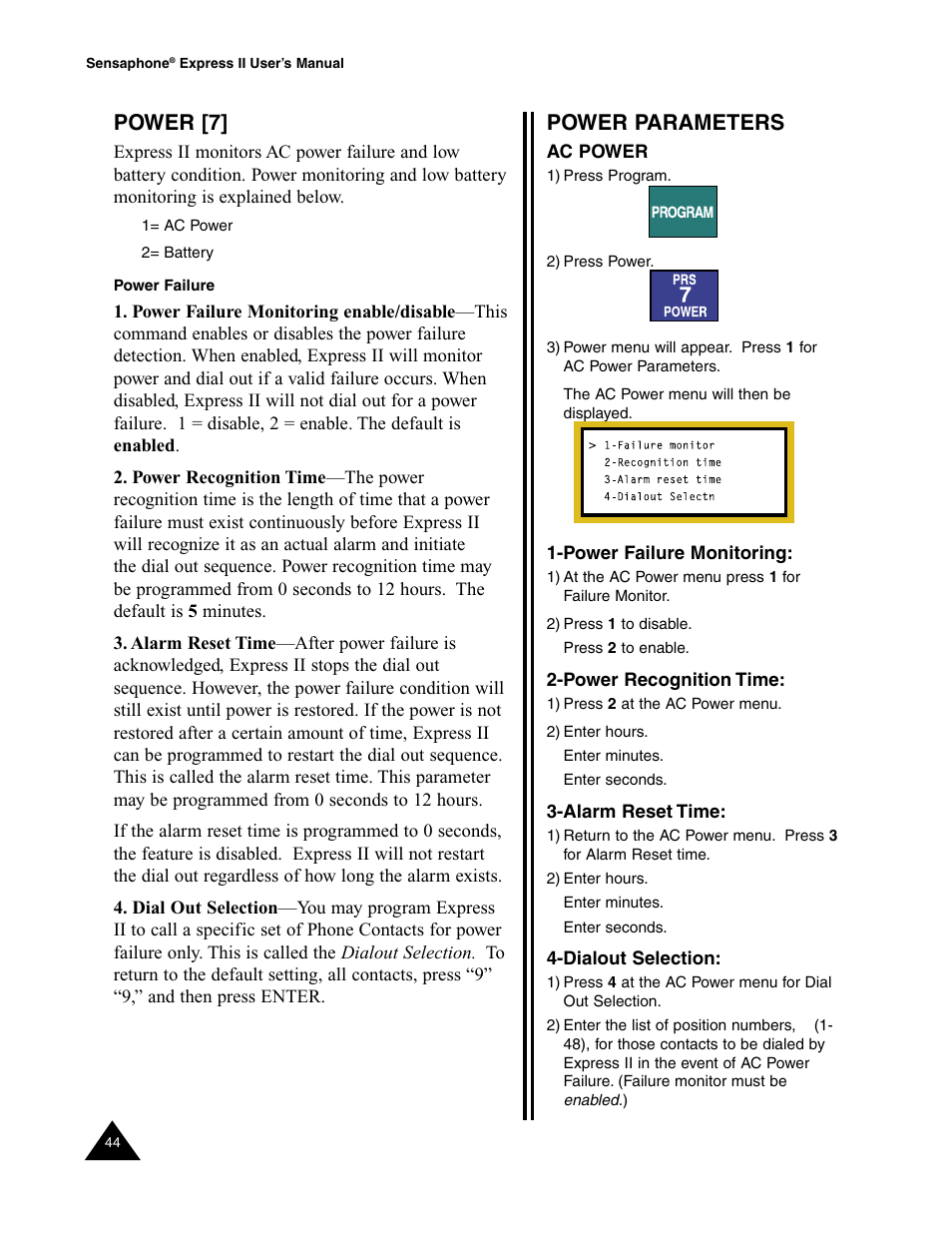 Power [7, Power failure, Power | Power parameters | Sensaphone Express II User Manual | Page 46 / 94