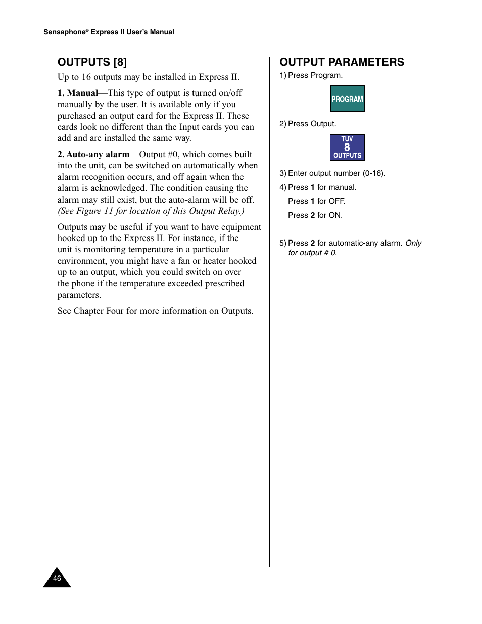 Outputs [8, Outputs, Output parameters | Sensaphone Express II User Manual | Page 48 / 94